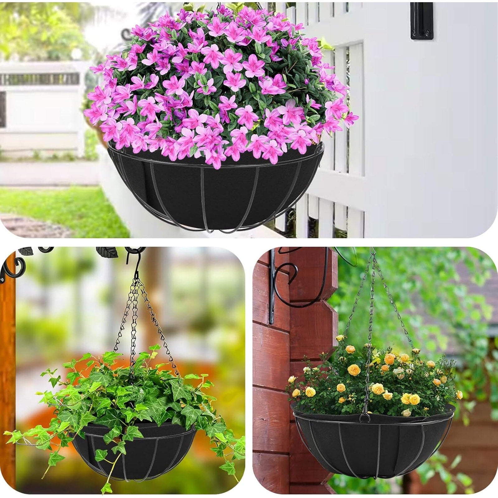 Hanging Planter Basket Liners 4 Pack 14" Round Fabric Liners w/Snaps Woven Black