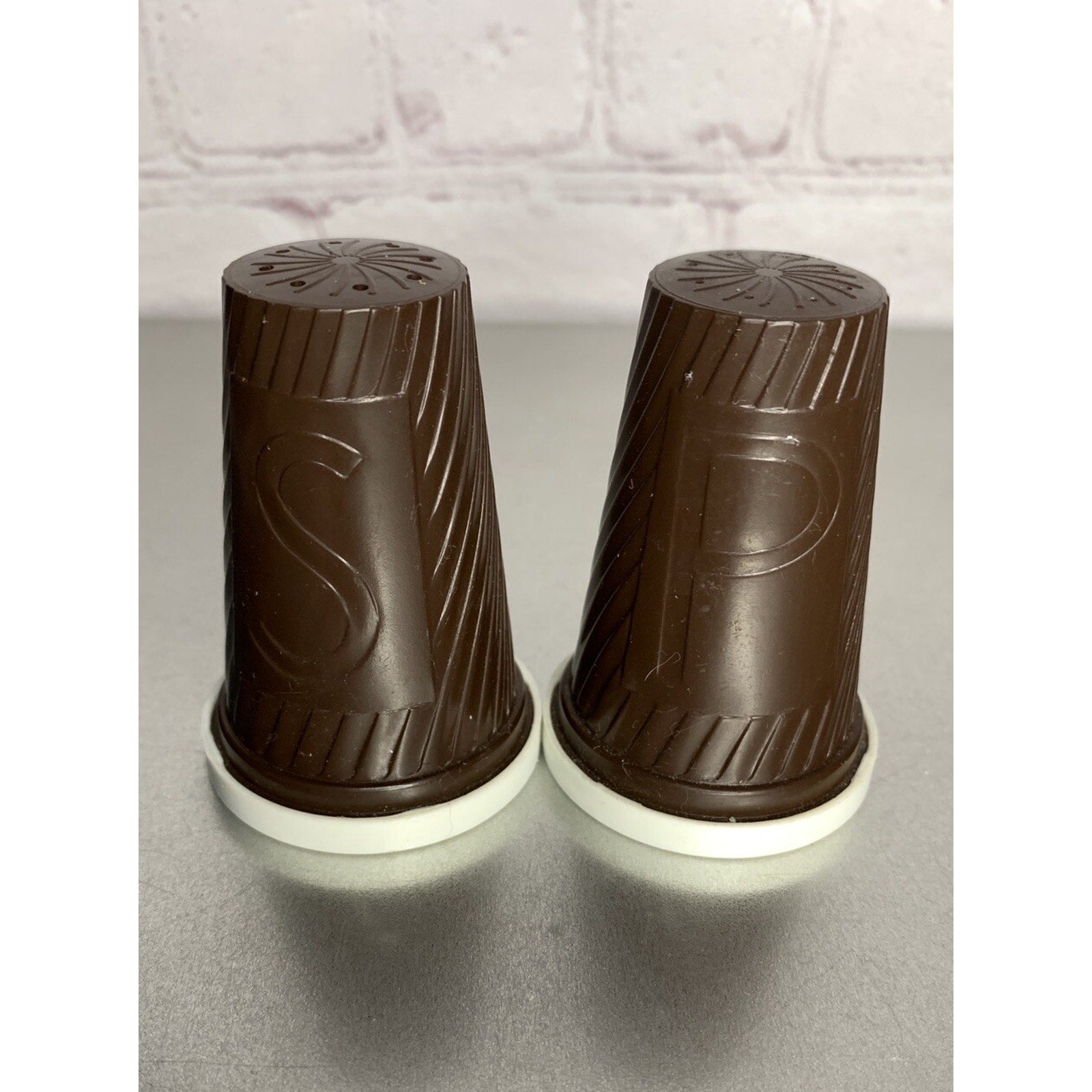 Vintage MCM Plastic Melamine Brown White Salt & Pepper Shakers