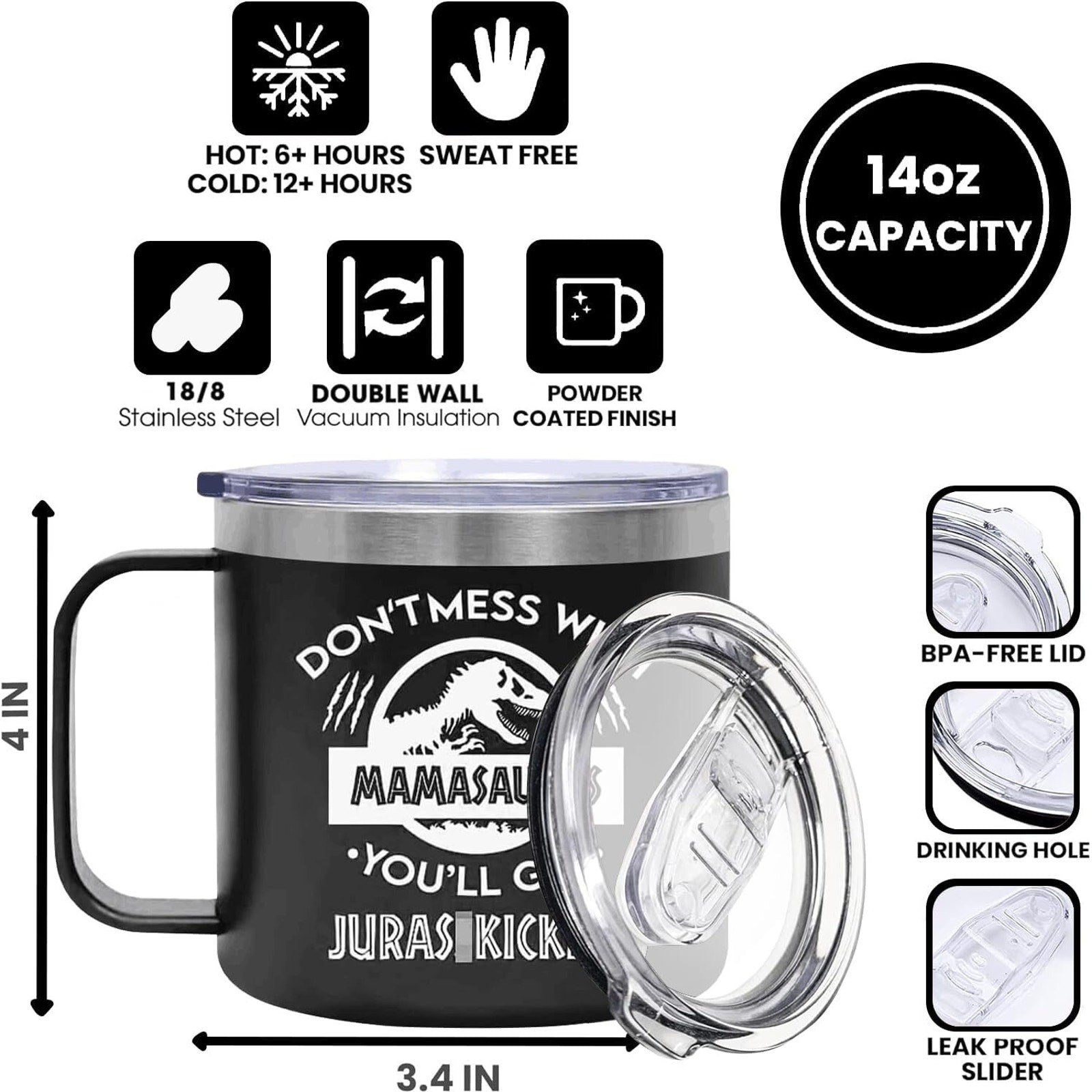 Don't Mess with MamaSaurus, 14oz Tumbler Mug, Novelty, Leak Proof Hot/Cold