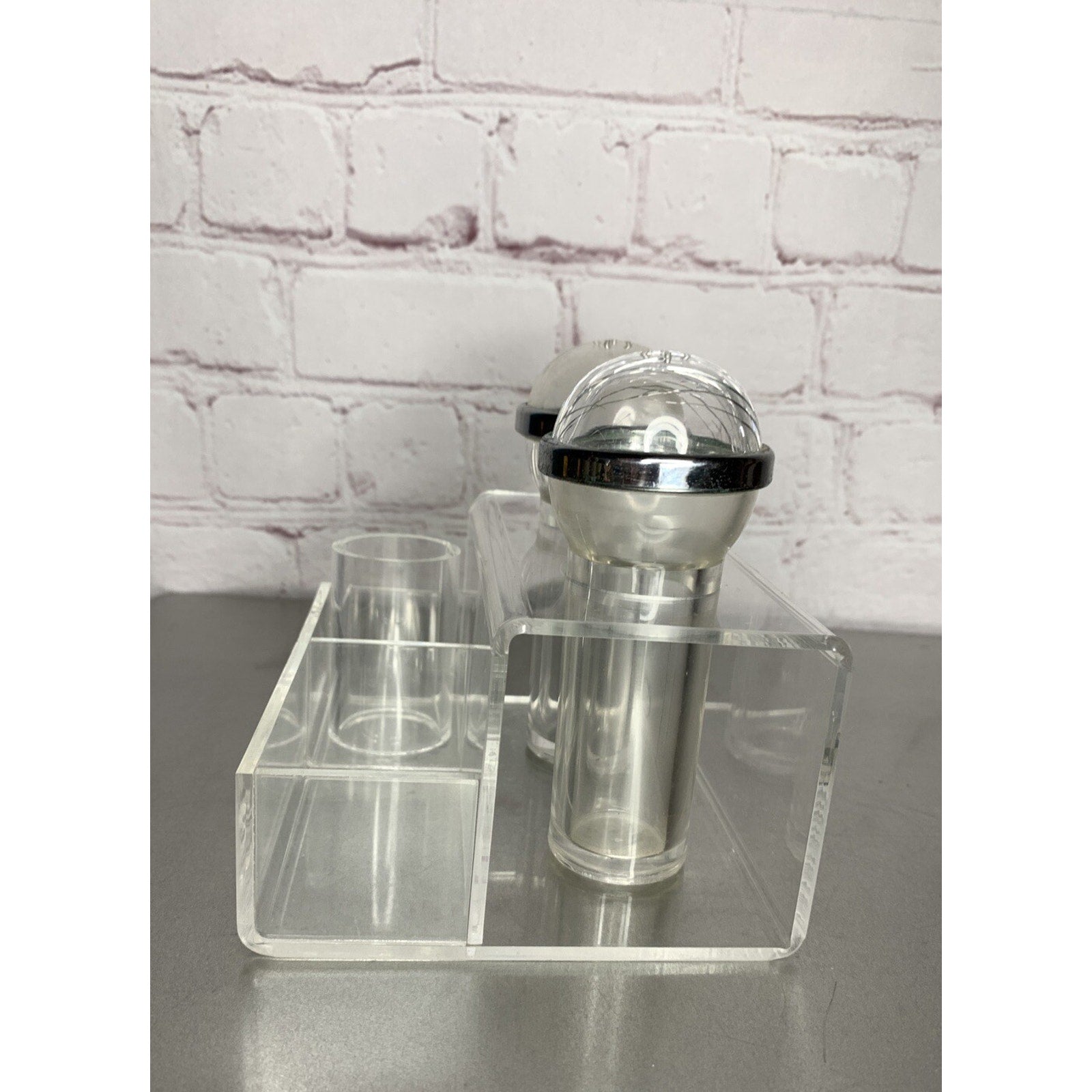 Vintage Retro Clear Lucite Acrylic Salt & Pepper w/Caddy MCM Deco