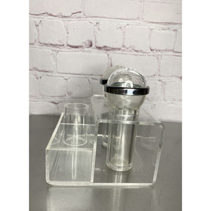 Vintage Retro Clear Lucite Acrylic Salt & Pepper w/Caddy MCM Deco