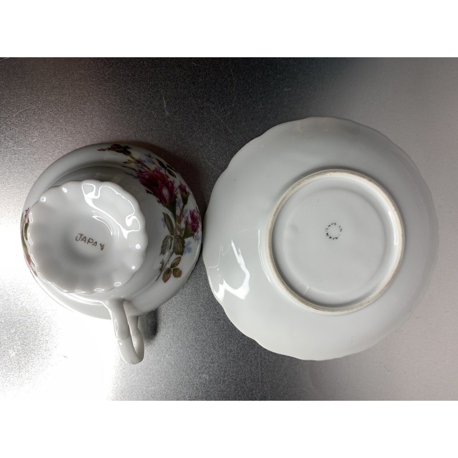 Vintage English rose teacup and saucer made in Japan, porcelain china with gold trim, floral pattern