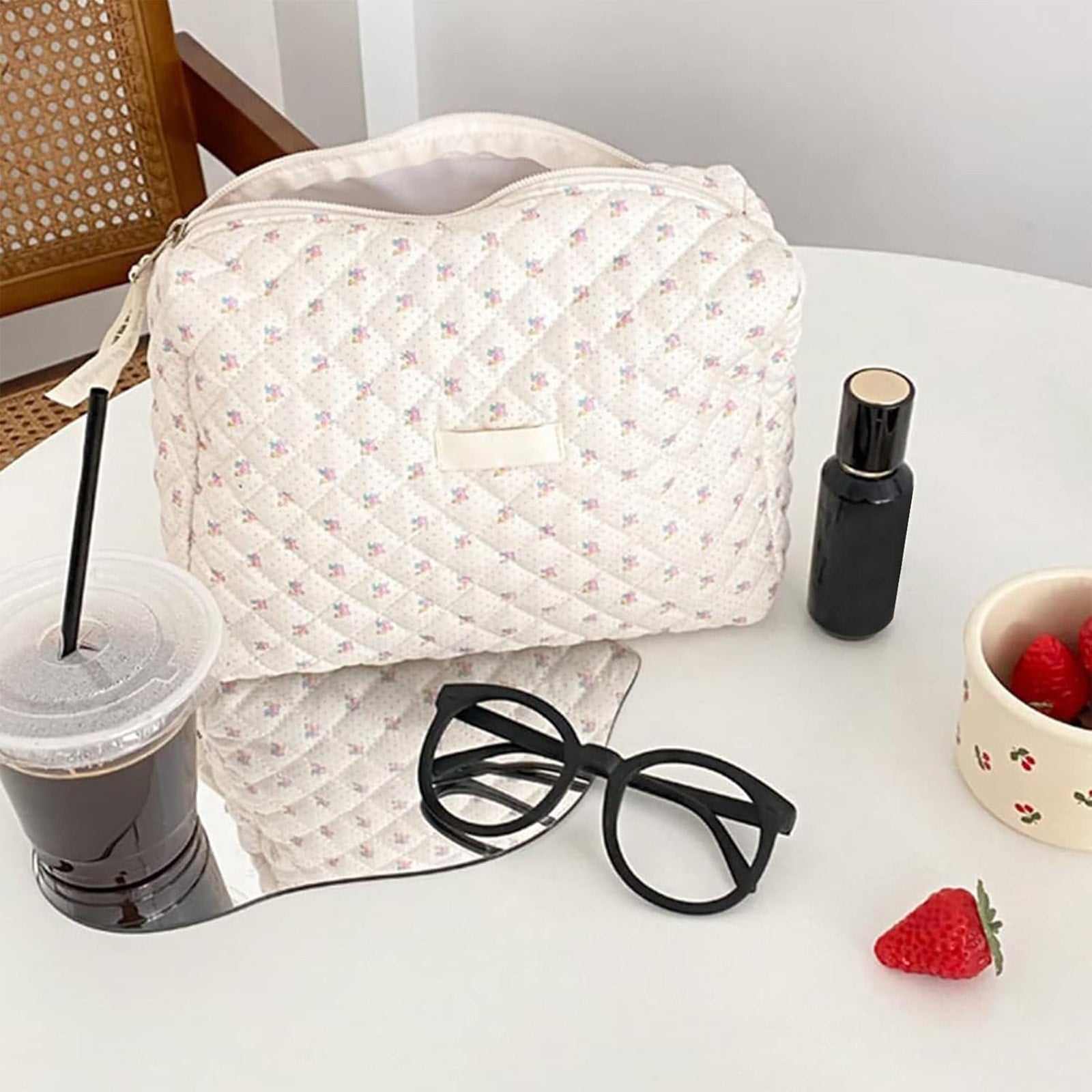 Quilted Floral Makeup Cosmetic Bag & 7-pc Premium Synthetic Makeup Brush Set Lot