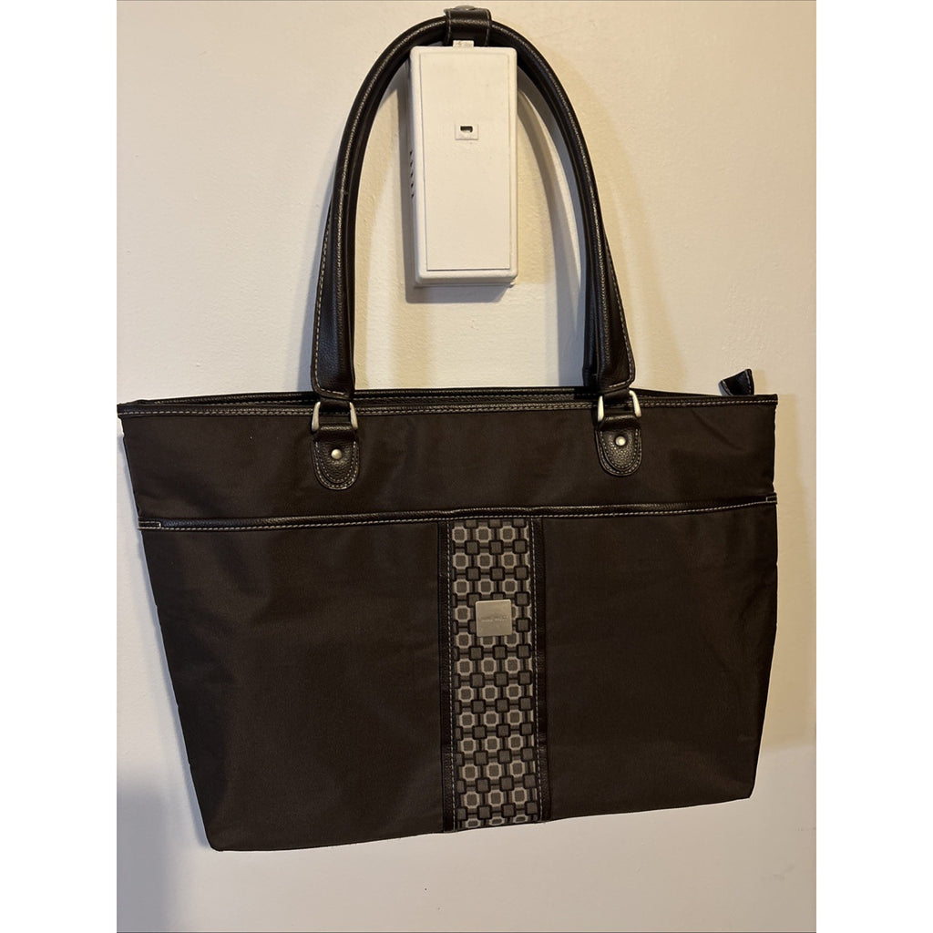 Vintage Nine West Canvas Brown/Beige Handbag Tote Bag Top Zipper