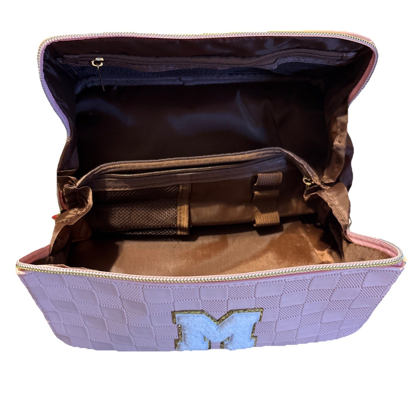 Personalized Initial M Makeup Cosmetic Bag, Large, Opens Flat Waterproof Pink
