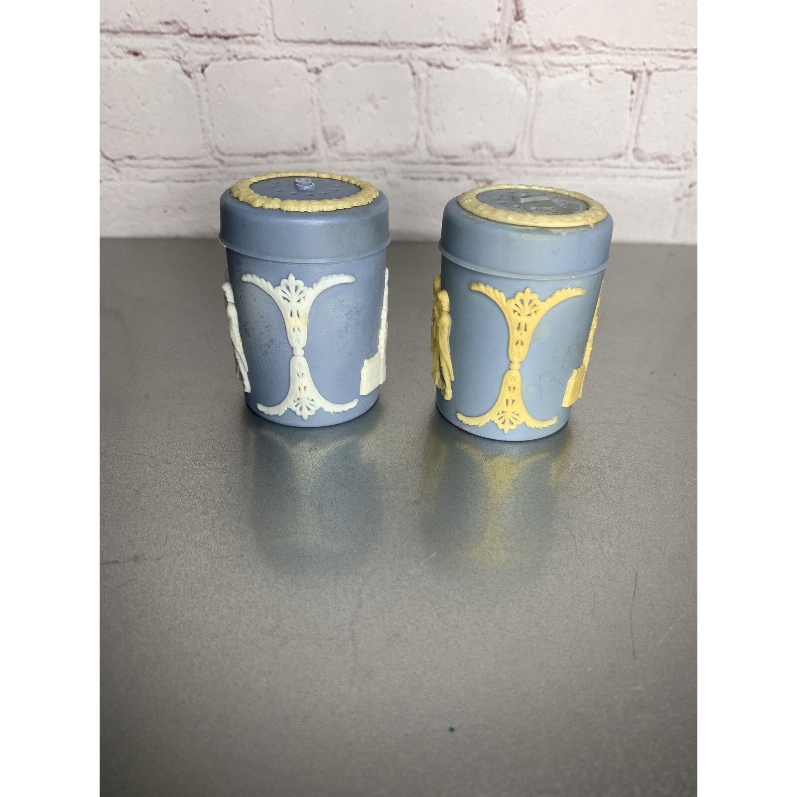 Vintage Salt & Pepper Shakers Hong Kong Blue w/Colonial Scenes