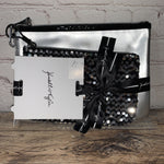 Kendall + Kylie Envelope Clutch Cosmetic Zip Pouch Gift Pack Silver Black Sequin