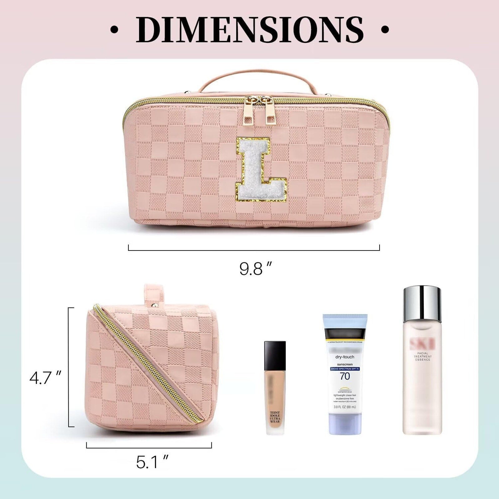 Personalized Initial M Makeup Cosmetic Bag, Large, Opens Flat Waterproof Pink