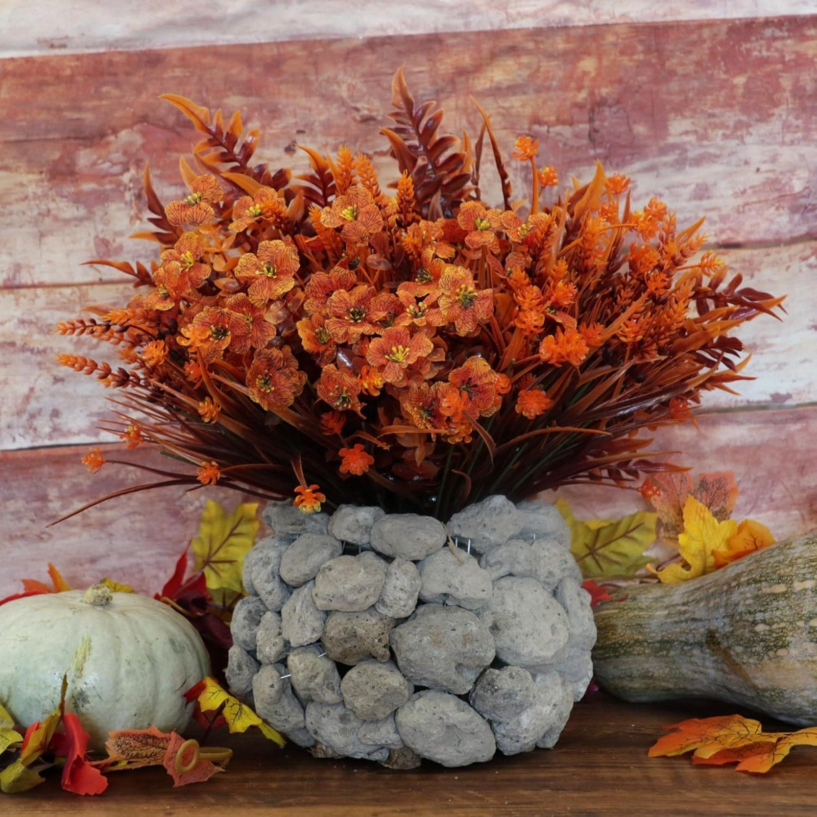 16 Bundles Artificial Faux Fall Mums Flowers Plants UV Resistant Mixed Orange