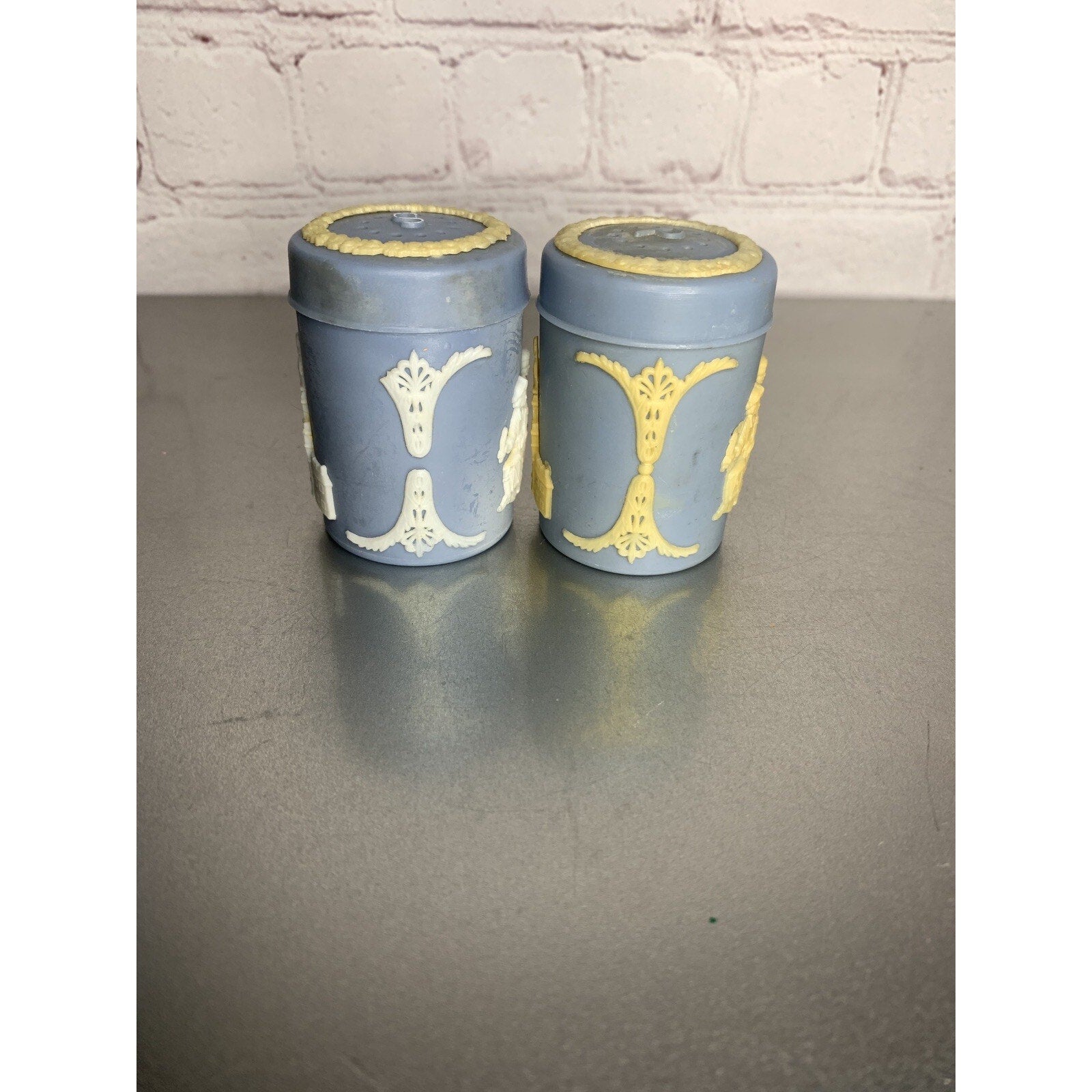 Vintage Salt & Pepper Shakers Hong Kong Blue w/Colonial Scenes