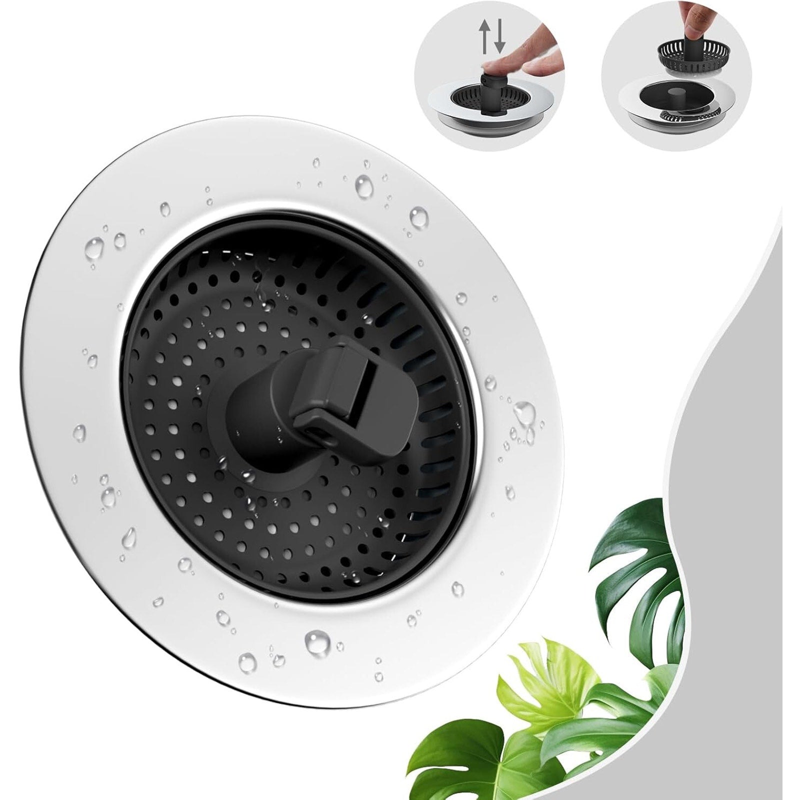 Universal 3 in 1 Kitchen Sink Drain Strainer with Sink Stopper, Chrome Stainless