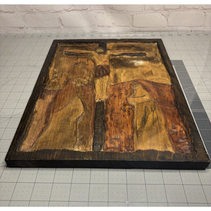 Rustic Carved Wood Art Decor Plaque Handmade Jesus Crucifixion Scene