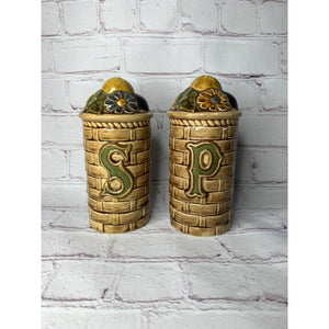 Vintage Pottery Stovetop Salt & Pepper Shakers Basket Weave Fruit 1974