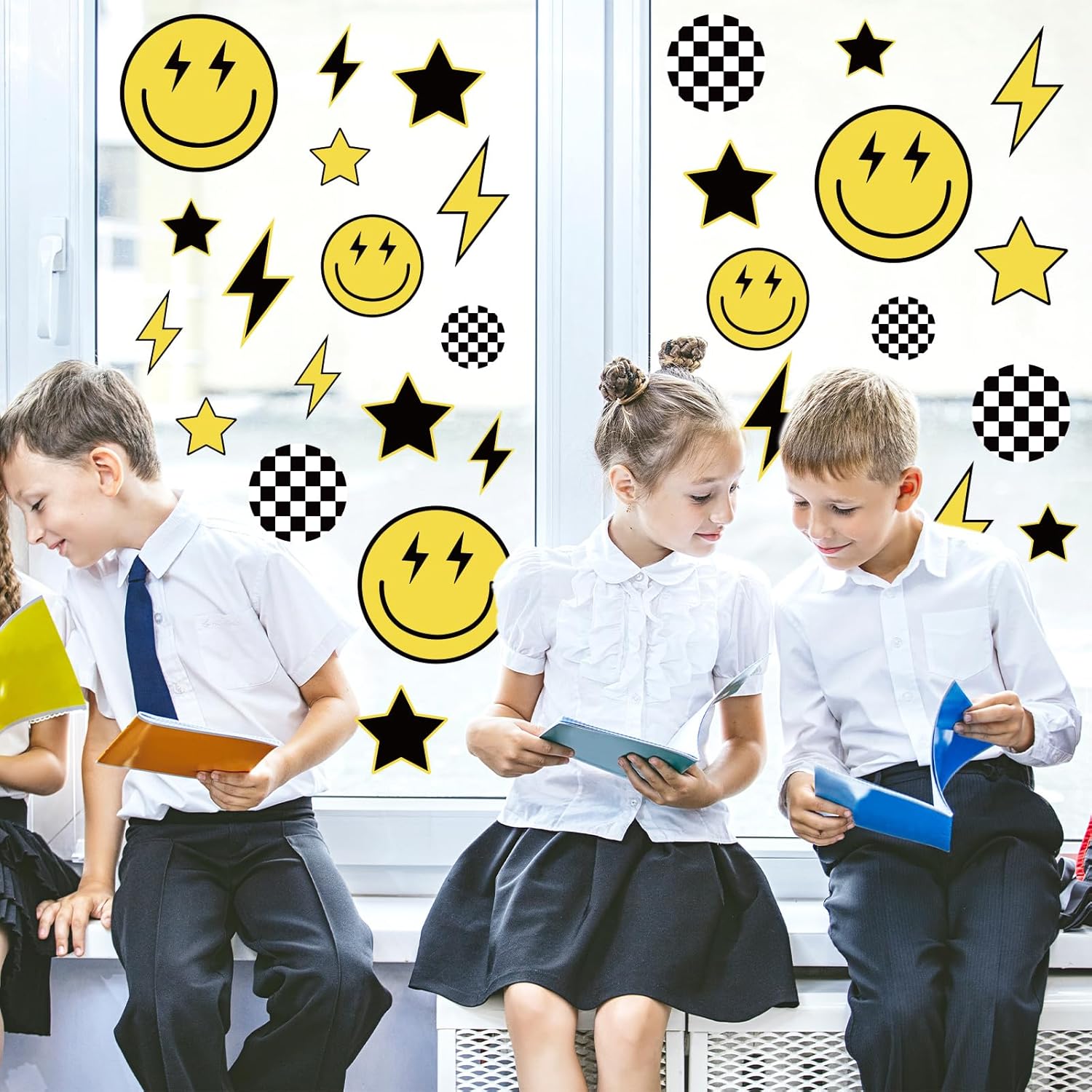 Smile Face Window Clings Black Yellow Lightning Star Checkered Dot Window Stickers Double-Side Glass Decals