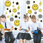 Smile Face Window Clings Black Yellow Lightning Star Checkered Dot Window Stickers Double-Side Glass Decals