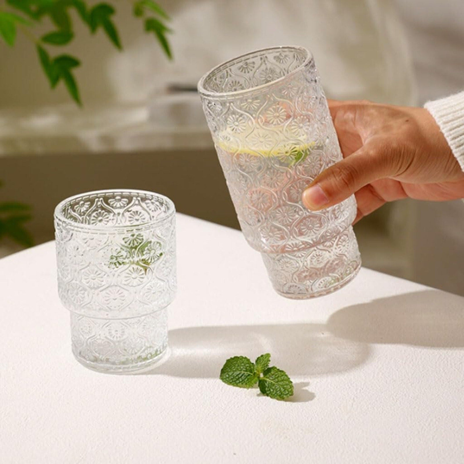 Retro Embossed Glass, Highball, Rock Glasses, Cold Beverages 8 Pack - 2 Sizes