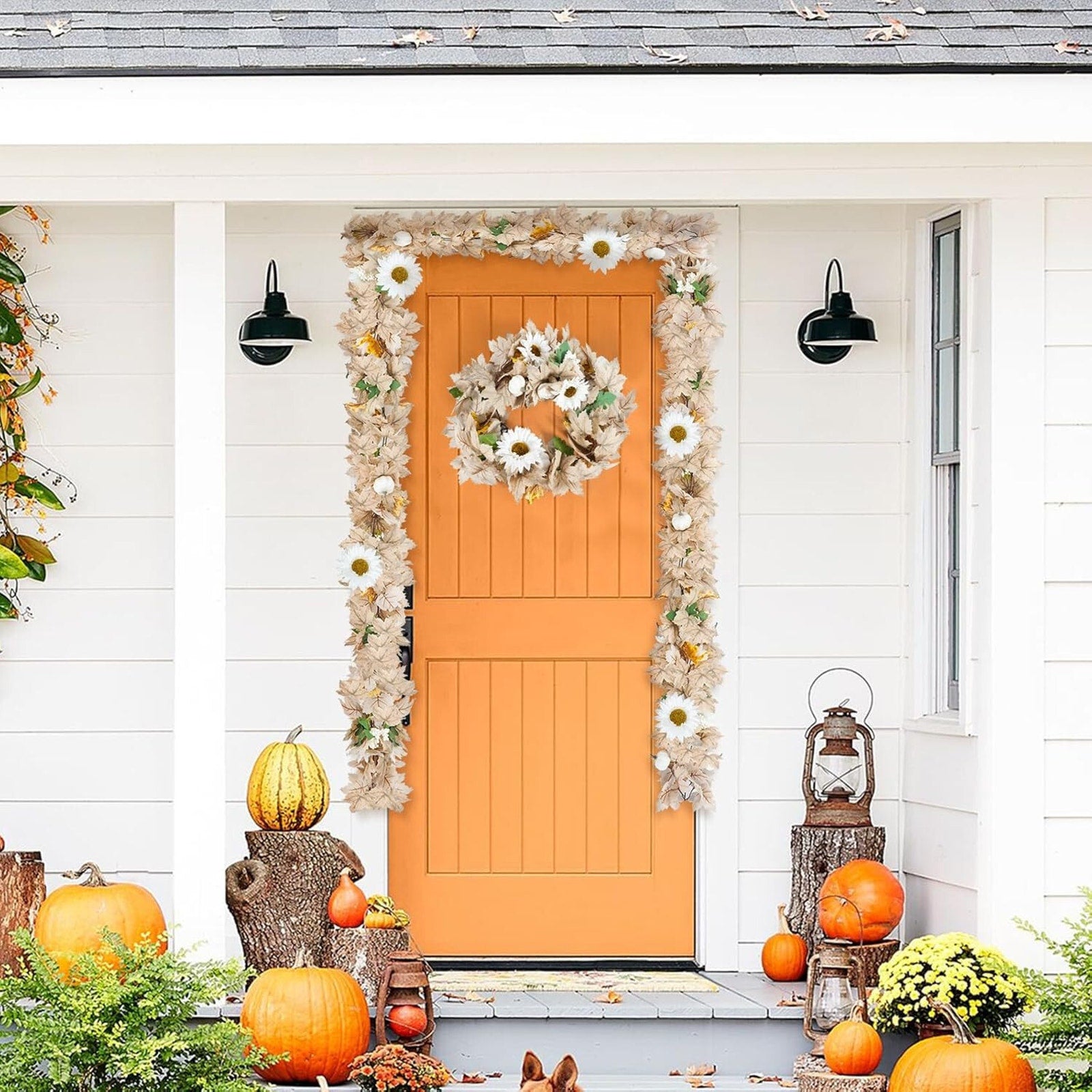 6FT Fall Garland With Artificial White Pumpkins, Berries, Sunflowers and Leaves