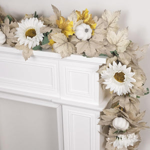 6FT Fall Garland With Artificial White Pumpkins, Berries, Sunflowers and Leaves