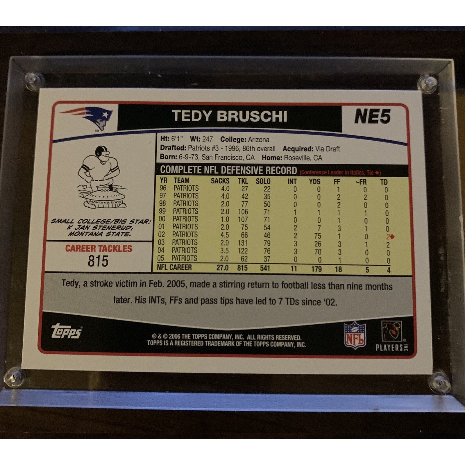 Tedy Bruschi Patriots Football Sports Card on 4x6 Plaque