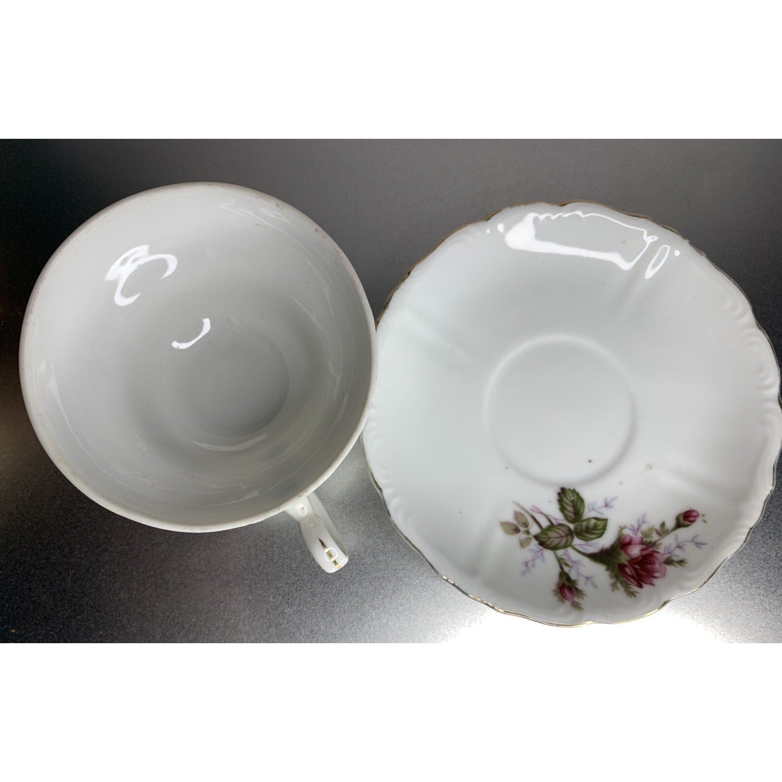 Vintage English rose teacup and saucer made in Japan, porcelain china with gold trim, floral pattern