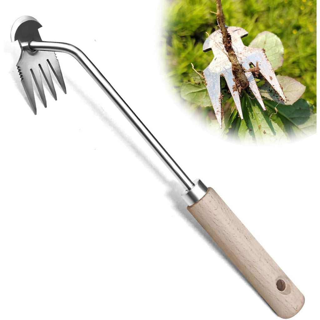 Weed Puller Tool, Uprooting Weeding Remover, 4-Claw Steel Head, Wood Handle 13"