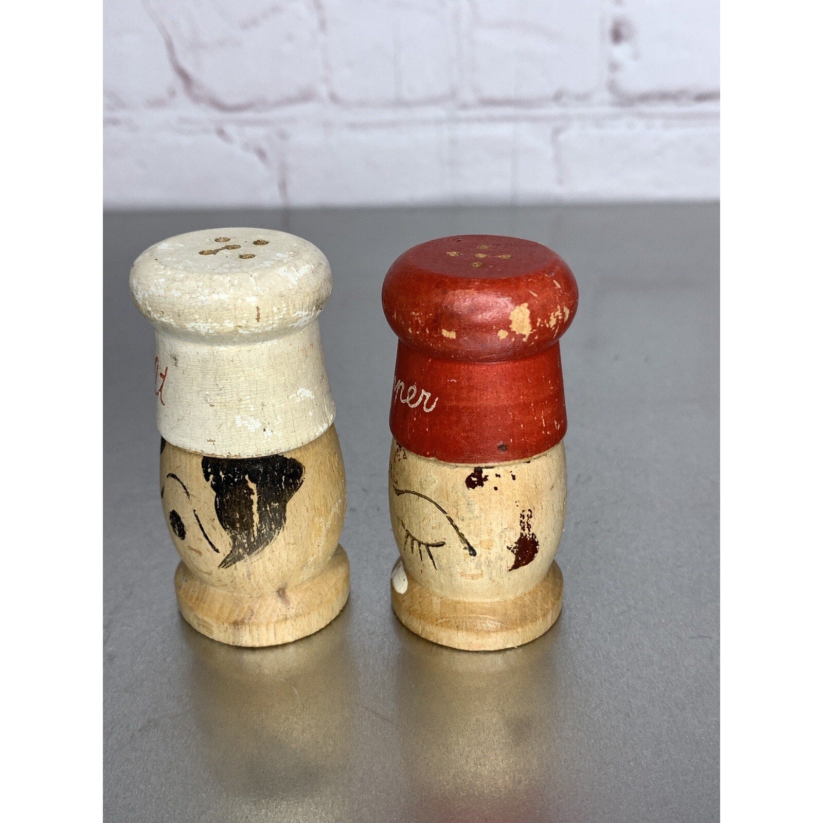 Vintage Wood Him/Her Mr. Mrs. Chef Salt & Pepper Shakers Miniatures 2 1/2”h