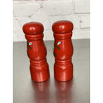 Vintage Round Wood Salt & Pepper Shakers Red w/Handpainted Floral Design