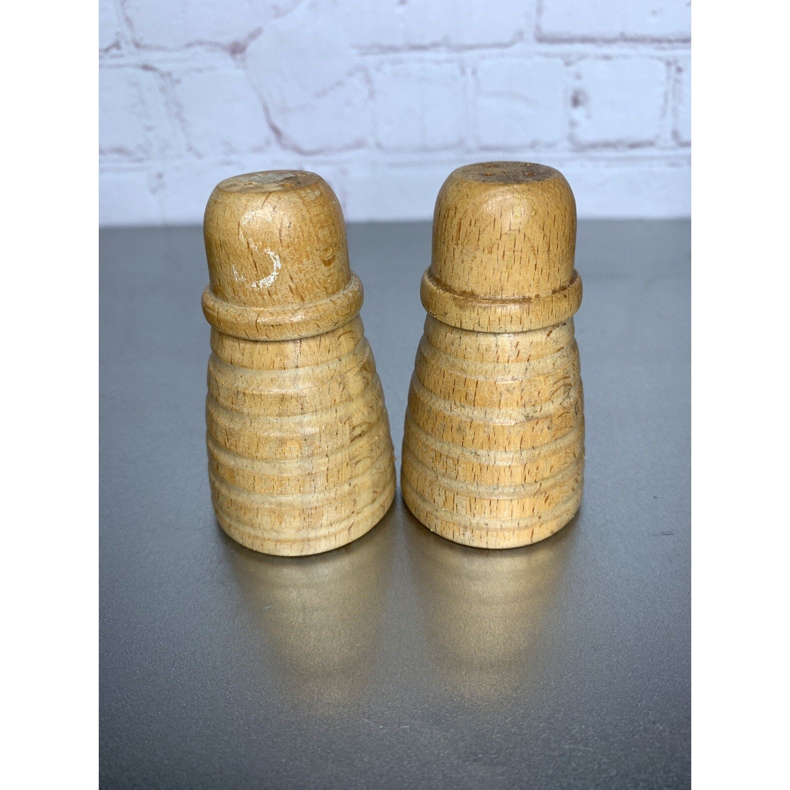 Vintage Beehive Wood Salt & Pepper Shakers Blonde Japan