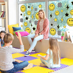 Smile Face Window Clings Black Yellow Lightning Star Checkered Dot Window Stickers Double-Side Glass Decals