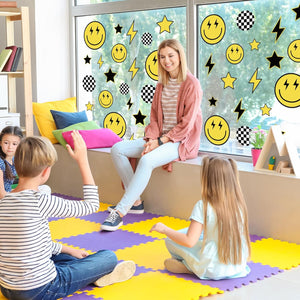 Smile Face Window Clings Black Yellow Lightning Star Checkered Dot Window Stickers Double-Side Glass Decals