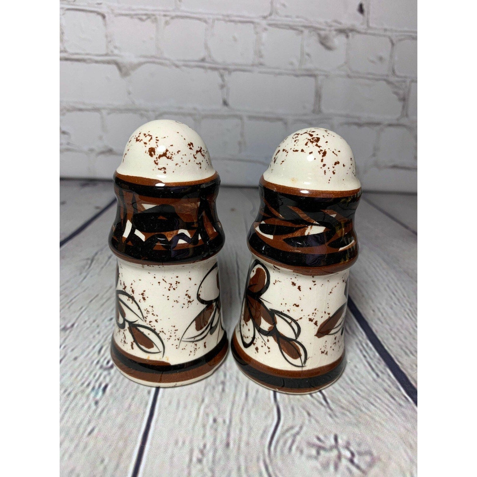 Vintage MCM Brown on White Pattern Ceramic Glazed Salt & Pepper Shakers