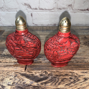 Vtg RED Chinese Asian Embossed Plastic Salt & Pepper Shakers Hong Kong