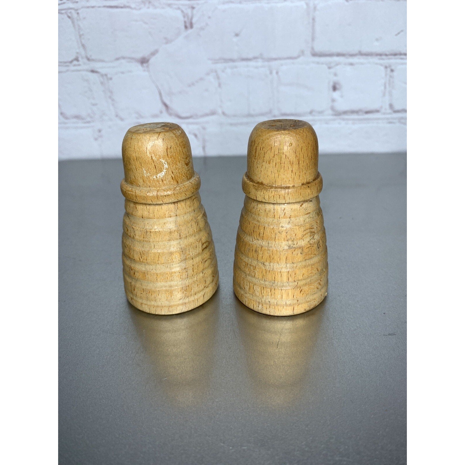 Vintage Beehive Wood Salt & Pepper Shakers Blonde Japan