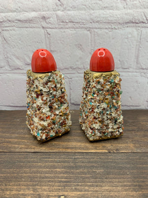 Vintage Encrusted Stones Shells Souvenir Novelty Glass Salt & Pepper Shakers - 1950s - Lot of 3 Sets