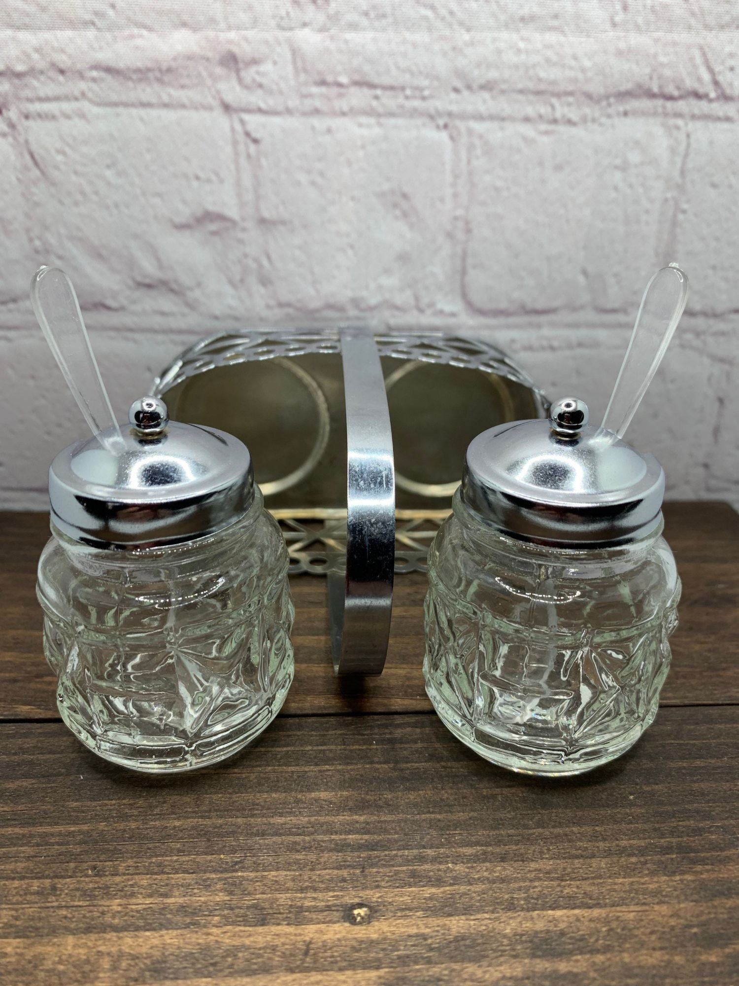 Vintage Pressed Glass Salt & Pepper Shakers, Condiment Set w/ Serving Spoons, Chrome Lids and Caddy - 1960s