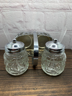 Vintage Pressed Glass Salt & Pepper Shakers, Condiment Set w/ Serving Spoons, Chrome Lids and Caddy - 1960s