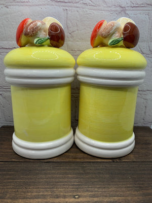 Vintage Country Canister Style Mushroom Salt & Pepper Shakers - Large, Yellow, White - 1970s