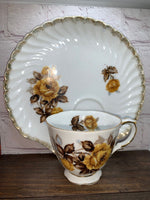 Vintage Yellow English Rose Teacup & Shell Shape Snack Saucer, Transfer-ware, Gold Trim, Fine China 1950s
