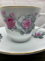 Vintage White and Pink Roses Teacup & Saucer Set Gold Trim - China 1950s