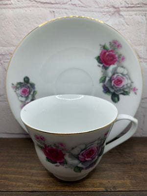 Vintage White and Pink Roses Teacup & Saucer Set Gold Trim - China 1950s
