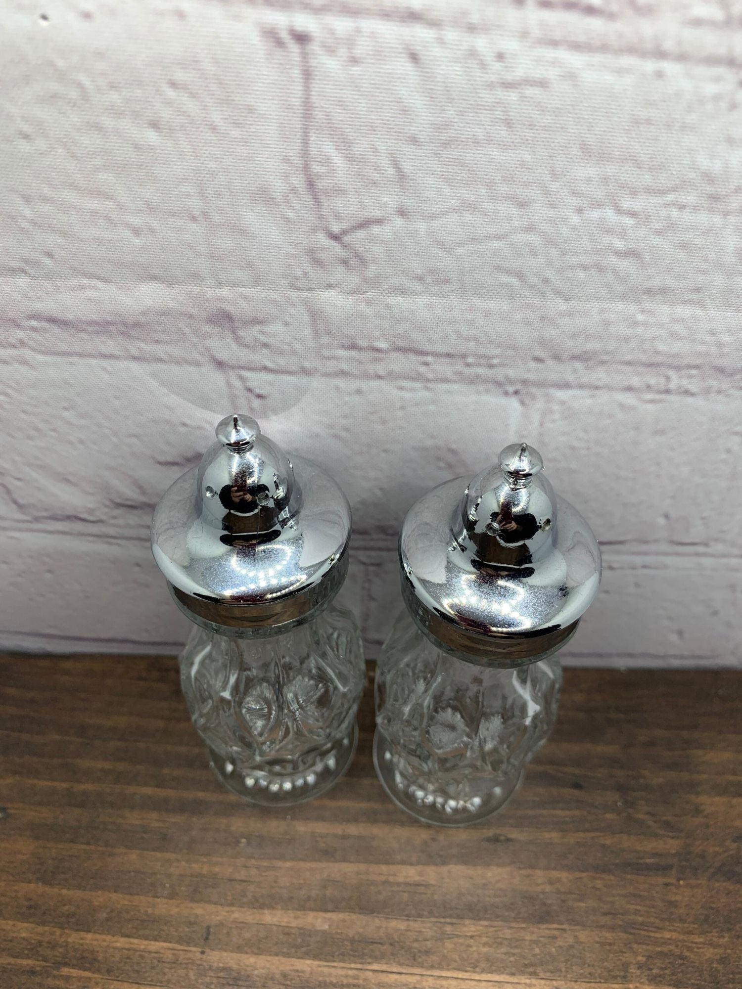 Vintage Anchor Hocking Crown Point Clear Pressed Glass Salt & Pepper Shakers - USA 1970s