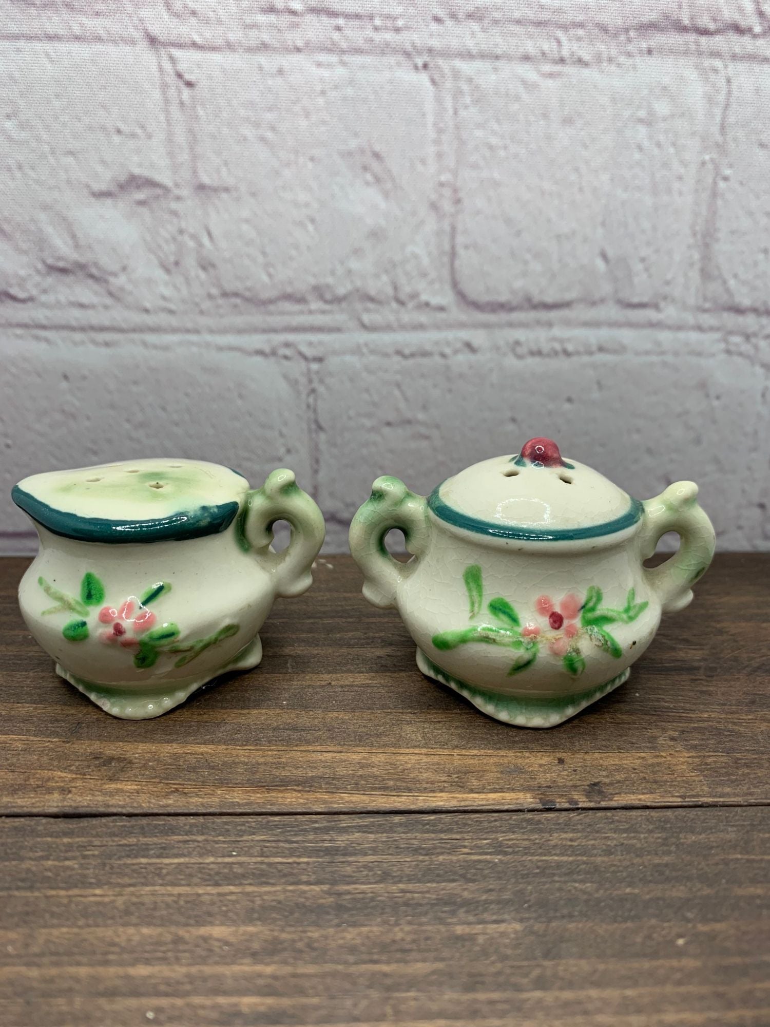 Vintage Creamer and Sugar Bowl Salt & Pepper Shakers, Floral Ceramic - Japan 1950s