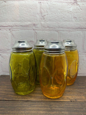 Vintage AirKo MCM Glass Salt & Pepper Shakers, 2 Sets, Amber/Green 1 Caddy- 1960s