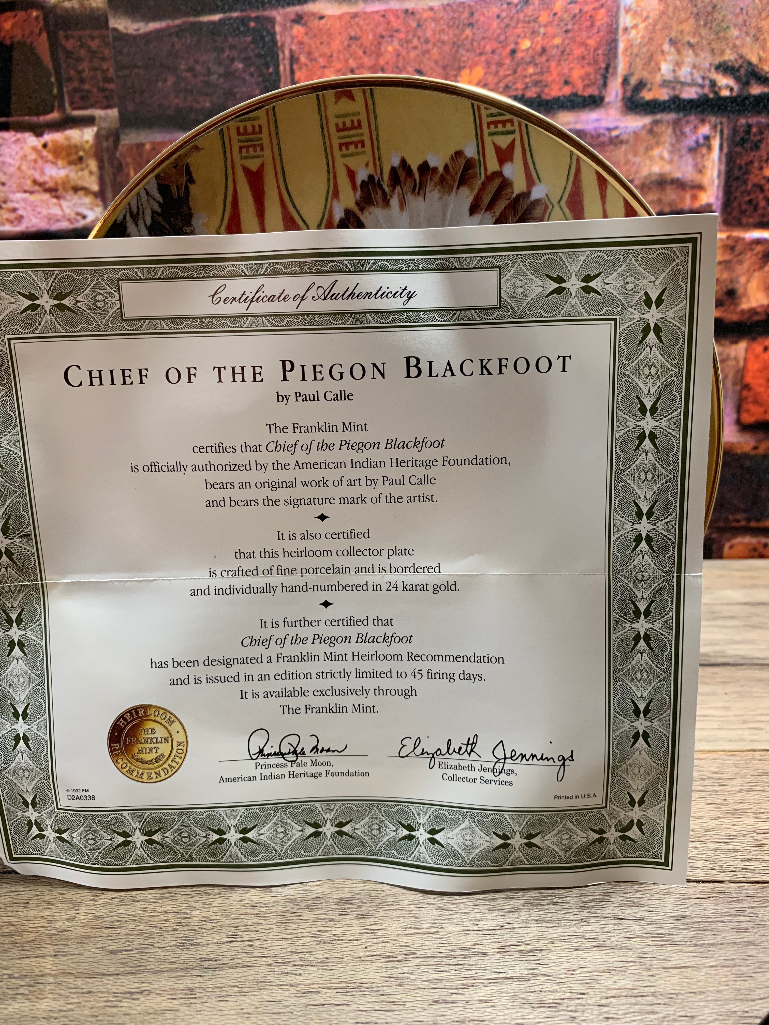 Chief of the Piegon Blackfoot Collectible Plate - Franklin Mint  Limited Edition The American Indian Heritage Foundation Museum