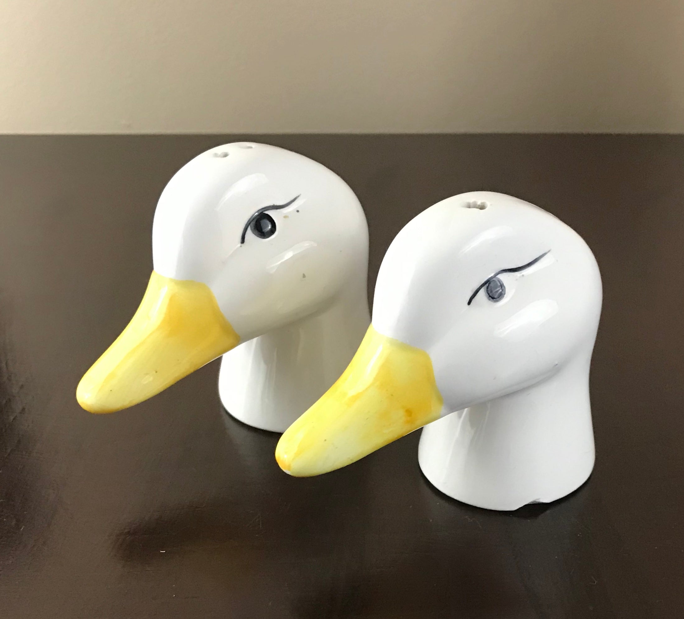 Vintage Mid-Century Duck Head Salt & Pepper Shakers Hand-Painted Ceramic with Stoppers. 1960's