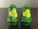 Vintage Ceramic Pottery Salt & Pepper Shakers Hand-painted Sunflower Daisy's Green Background Textured Details