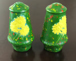 Vintage Ceramic Pottery Salt & Pepper Shakers Hand-painted Sunflower Daisy's Green Background Textured Details