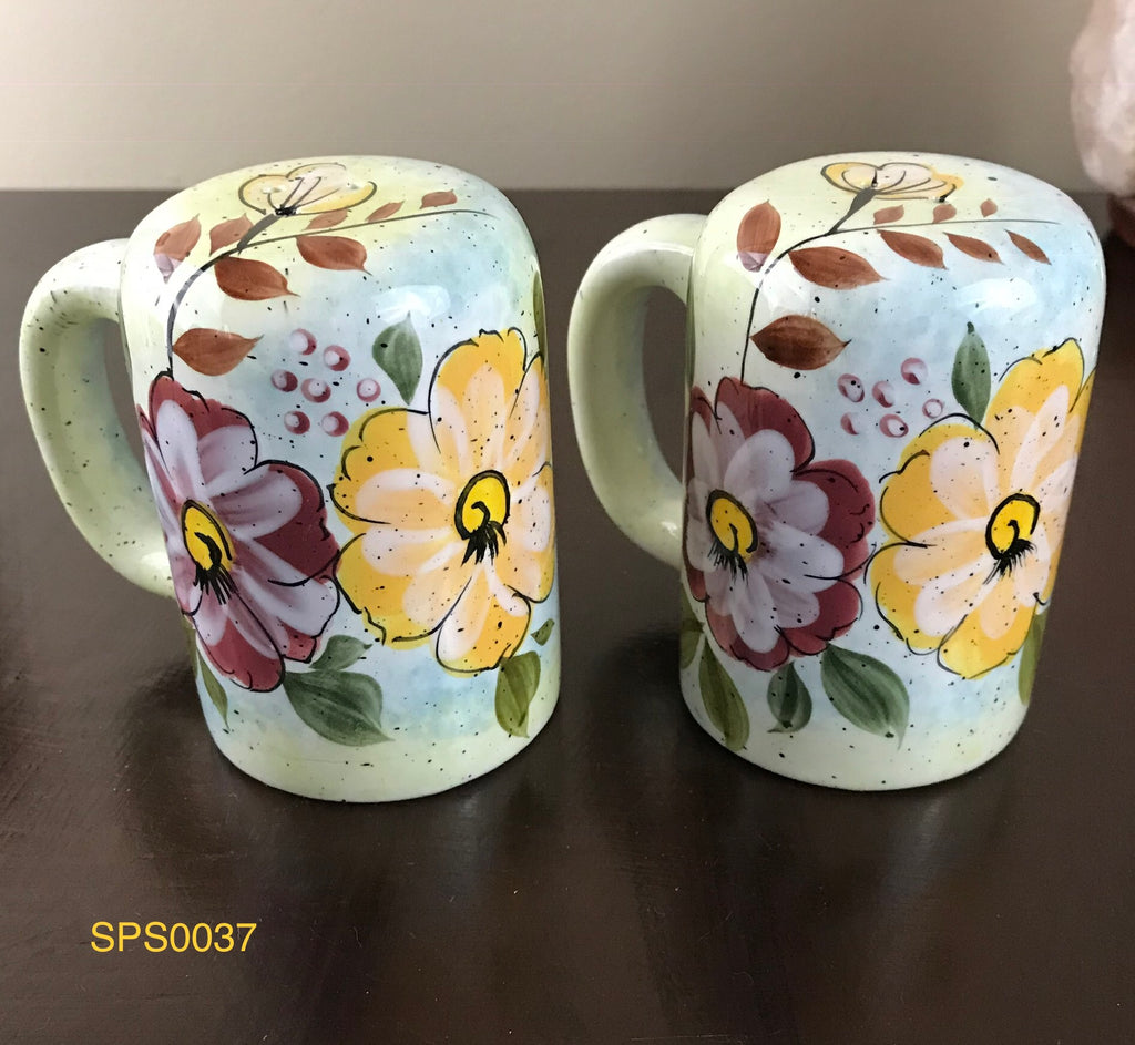 Vintage Ceramic Pottery Flower Mug Style Salt & Pepper Shakers Hand-painted Glazed Finish