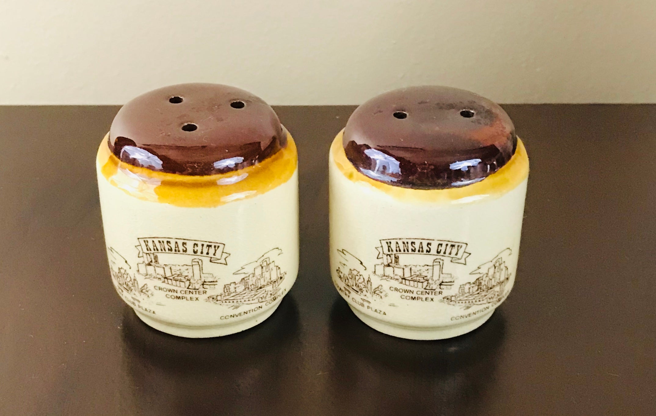 Vintage Ceramic Pottery “Kansas City” Novelty Salt & Pepper Shakers Glazed Finish - 1960’s