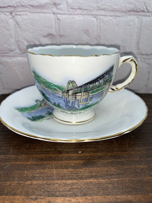 Sutherland H&M “The Bra’s D’or Bridge” teacup and saucer, Cape Breton, Nova Scotia, Canada, vintage bone china